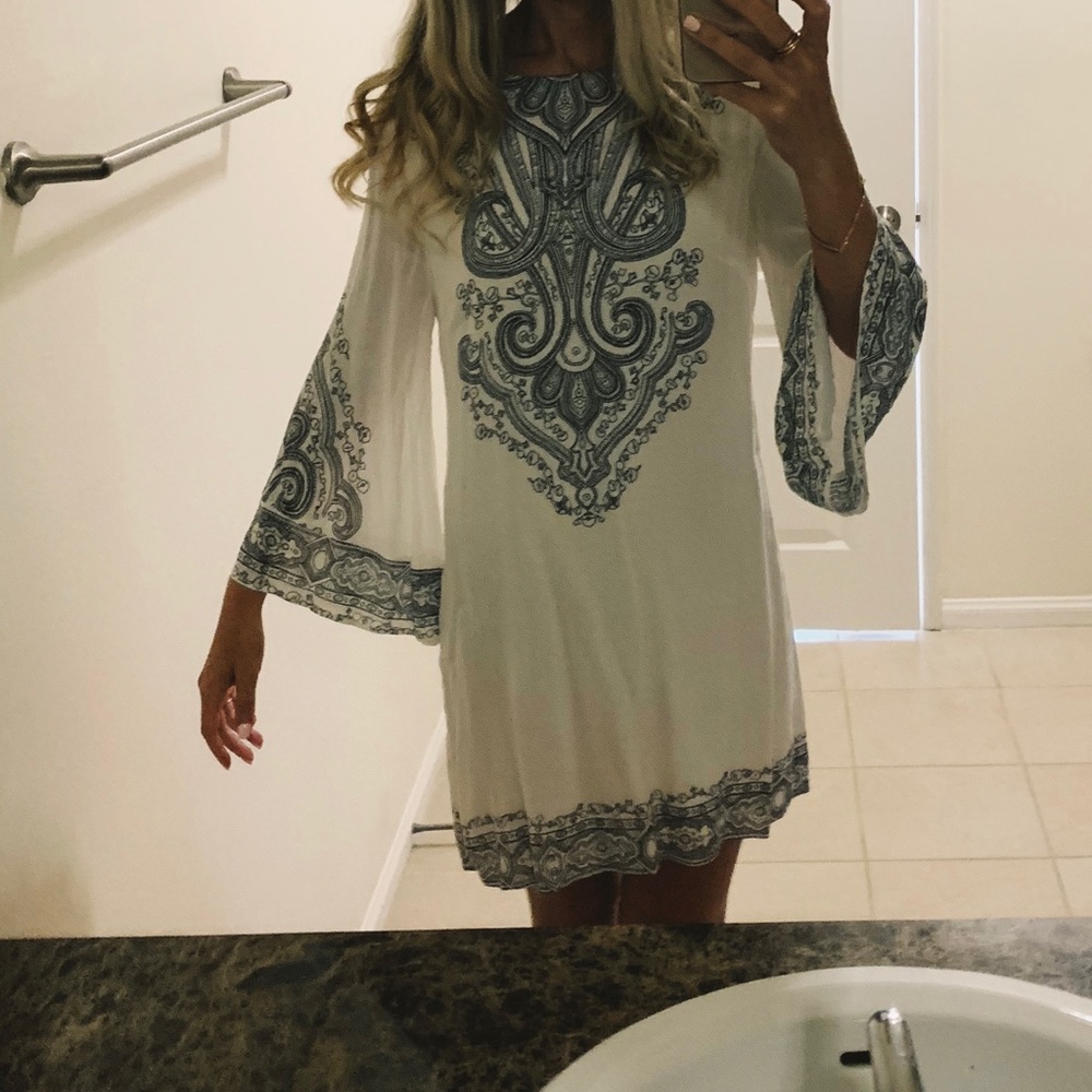 Ecote White Mini Dress with Blue Paisley Print